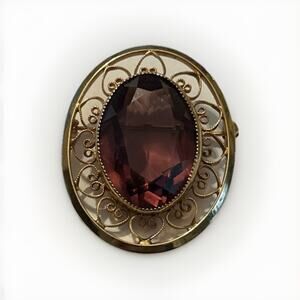 Vintage Large Amethyst Brooch 1/20 12k Gold Filled Oval Heart Filigree Pin 1.5"